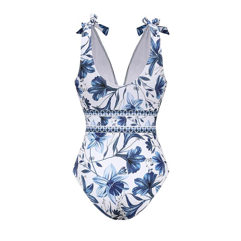 TRNVD® V Neck Lace Up Strip Plant Prints One Piece Swimsuit and Skirt/Sarong