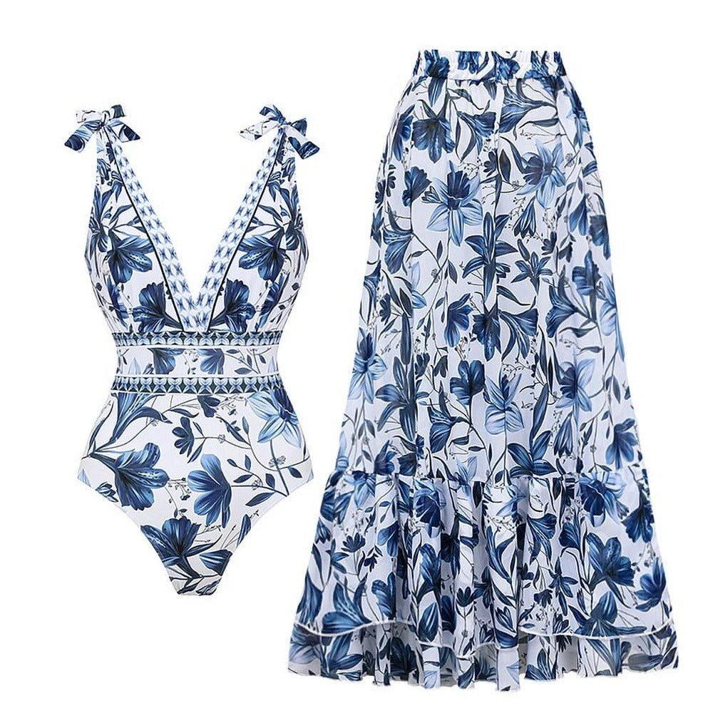 TRNVD® V Neck Lace Up Strip Plant Prints One Piece Swimsuit and Skirt/Sarong