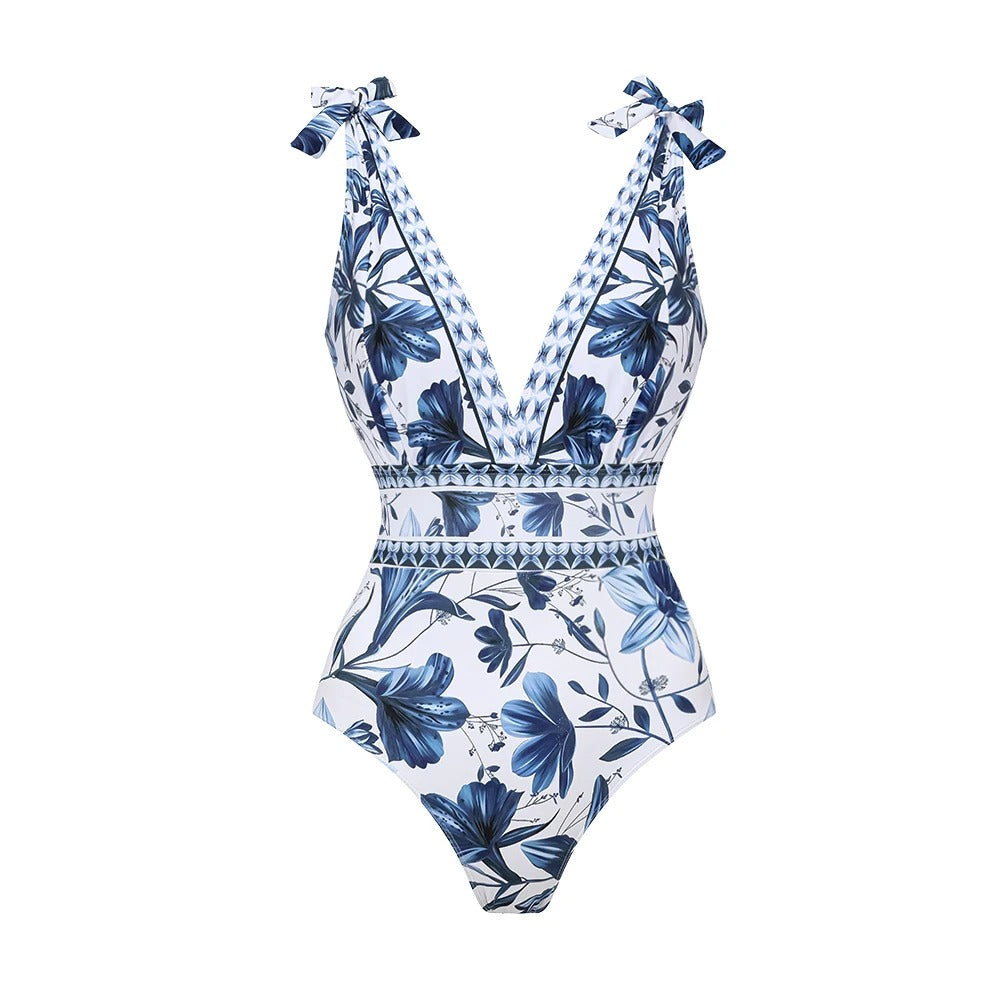 TRNVD® V Neck Lace Up Strip Plant Prints One Piece Swimsuit and Skirt/Sarong