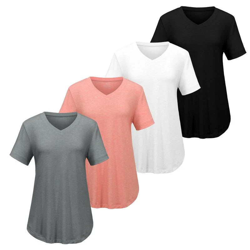 TRNVD® Women’s V-Neck T-Shirt 4-Pack – Soft, Casual Fit with Curved Hem