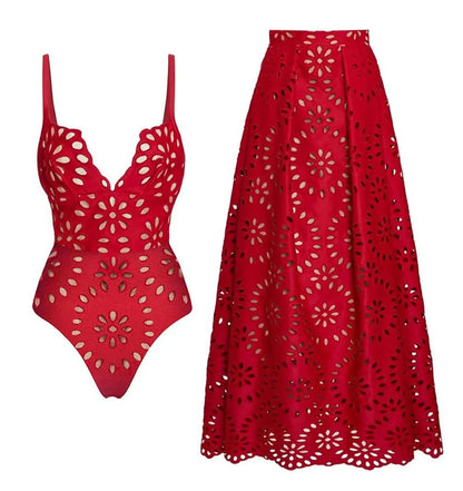 TRNVD® Flower Hollow One Piece Swimsuit and Skirt