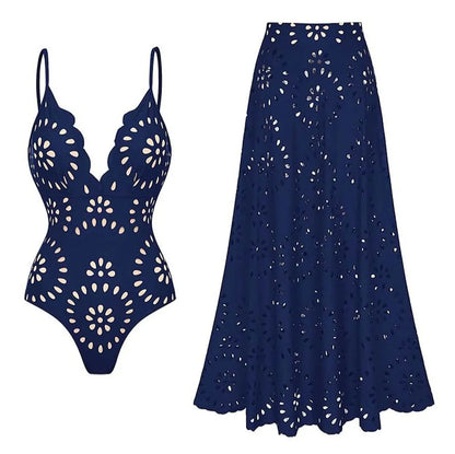 TRNVD® Flower Hollow One Piece Swimsuit and Skirt