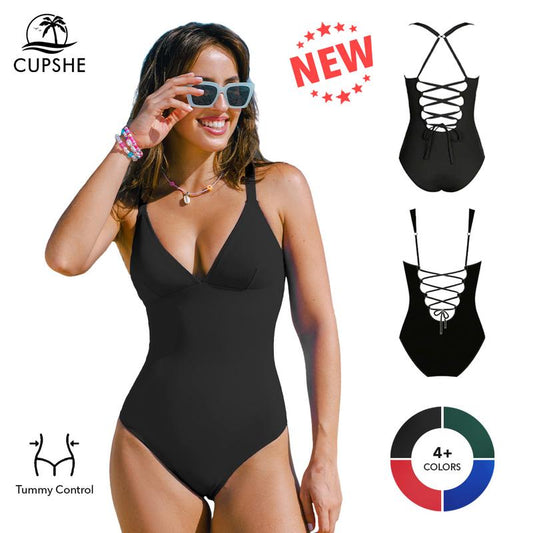 TRNVD® Plunging Slim & Sculpt Lace-Up Back One-Piece