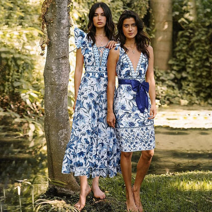 TRNVD® V Neck Lace Up Strip Plant Prints One Piece Swimsuit and Skirt/Sarong