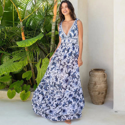 TRNVD® V Neck Lace Up Strip Plant Prints One Piece Swimsuit and Skirt/Sarong