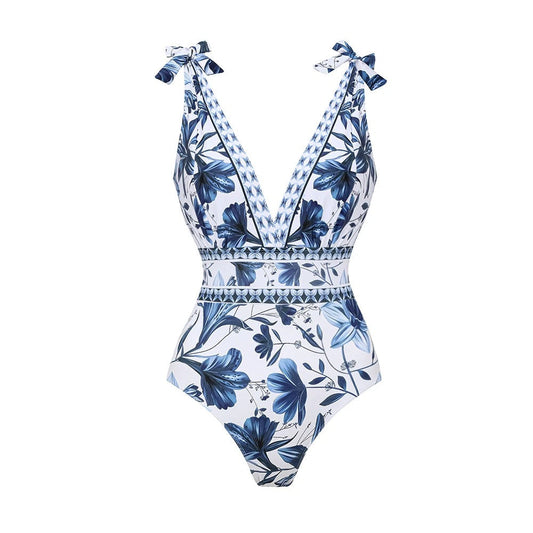 TRNVD® V Neck Lace Up Strip Plant Prints One Piece Swimsuit and Skirt/Sarong
