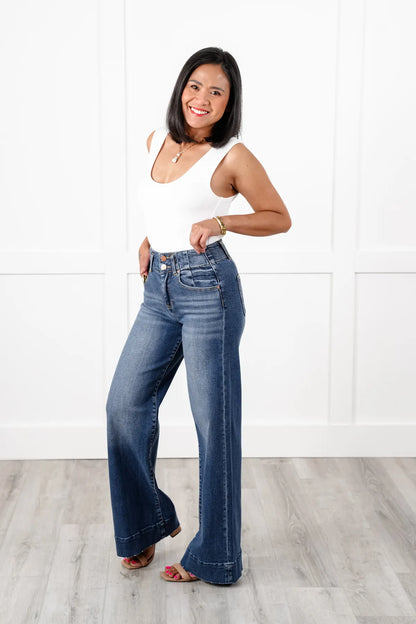 TRNVD® Double Button Wide Leg Trouser Hem Non-Distressed Jean