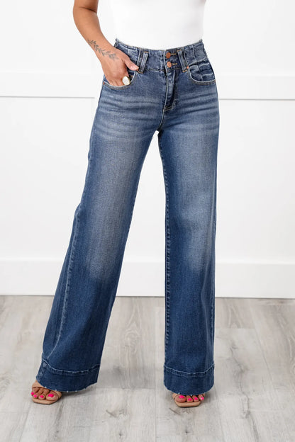 TRNVD® Double Button Wide Leg Trouser Hem Non-Distressed Jean