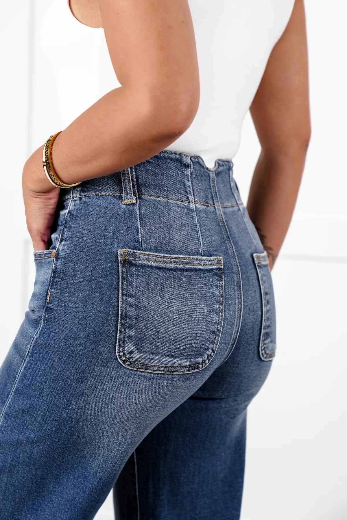 TRNVD® Double Button Wide Leg Trouser Hem Non-Distressed Jean