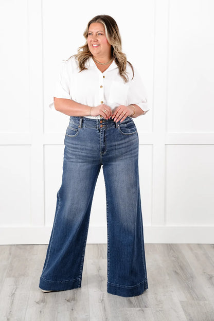 TRNVD® Double Button Wide Leg Trouser Hem Non-Distressed Jean